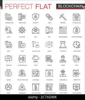 Blockchain, bitcoin criptovaluta sottile linea web icone set. Disegno icona traccia contorno Illustrazione Vettoriale
