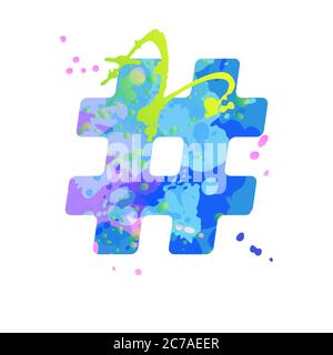 Simbolo speciale hashtag con effetto di macchie liquide di vernice in blu, verde, rosa, isolato su sfondo bianco. Elemento decorativo per la progettazione di volantini, poster, calendario, copertina, titolo. Illustrazione Vettoriale