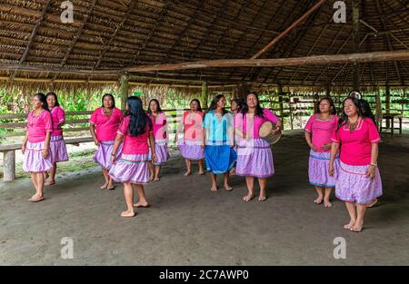 Le donne indigene Kichwa ballano con abiti tradizionali durante una celebrazione nella foresta pluviale amazzonica, nel parco nazionale di Yasuni, Ecuador. Foto Stock