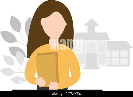 Insegnante femminile in attesa dei suoi studenti di fronte all'edificio scolastico Illustrazione Vettoriale
