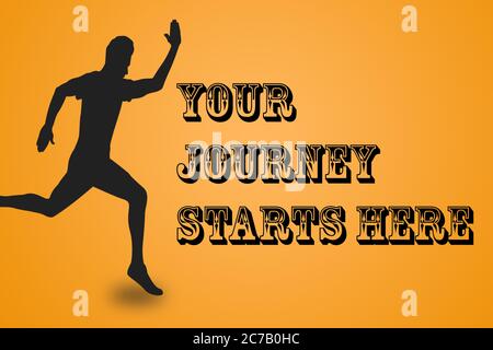 Il vostro viaggio comincia qui motivando motivare un uomo che corre illustrazione su sfondo giallo Foto Stock