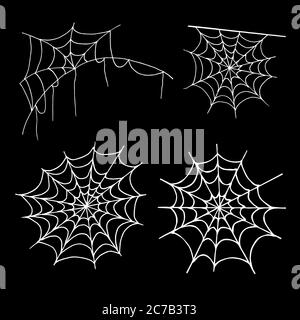 Collezione Cobweb, isolata su sfondo nero. Set di ragnatela Halloween. Icone disegnate a mano per la decorazione di Halloween. Disegno di linea nello stile di schizzo. Illustrazione Vettoriale