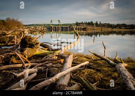 Bullards Bridge a Bandon, Oregon. Driftwood in primo piano. Foto Stock