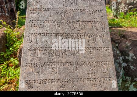 Una stele con sanscrito alle rovine del monumento Cham nel Santuario di My Son (patrimonio dell'umanità dell'UNESCO), risalente al IV al XIII secolo, vicino Foto Stock