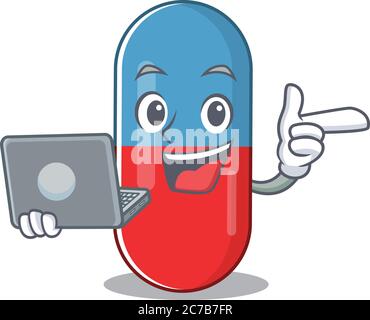 Un carattere cartoon pulito di pillole droga l che funziona a casa durante la pandemia Illustrazione Vettoriale