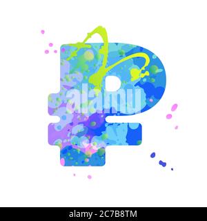 Simbolo speciale simbolo simbolo di valuta, ruble dipinto in blu, verde, rosa colori, isolato su sfondo bianco. Elemento decorativo per la progettazione di volantini, poster, calendario, copertina, titolo. Illustrazione Vettoriale