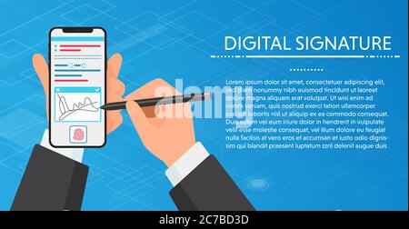 Uomo d'affari firma digitale firma su smartphone moderno. Tenere un telefono per la firma. Concetto vettoriale Illustrazione Vettoriale