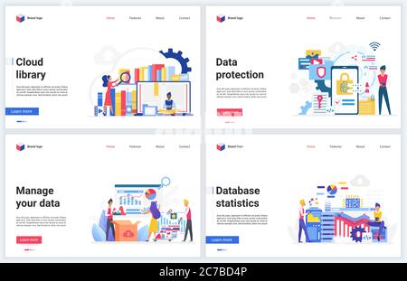 Gestione dei dati cloud nelle illustrazioni vettoriali delle librerie online. Sito web mobile di Cartoon flat concept interface per statistiche di database, gestione di cartelle o file di documenti digitali, servizio di archiviazione Illustrazione Vettoriale