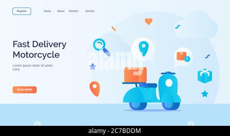 Fast Delivery moto icona campagna per il sito web home page landing template banner con cartoon stile piatto Illustrazione Vettoriale