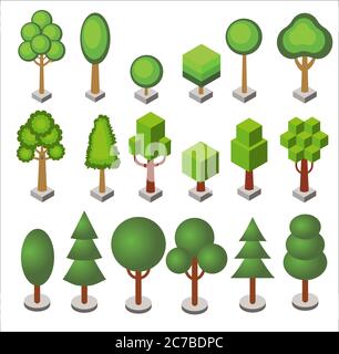 Set di cartoni isometrici di foresta e parco cittadino alberi vettoriali e cespugli di varie forme geometriche isolati Illustrazione Vettoriale