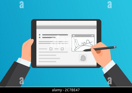 Uomo d'affari firma digitale firma su tablet moderno. Concetto vettoriale Illustrazione Vettoriale