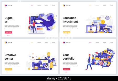 Agenzia artistica creativa, illustrazioni vettoriali di progettazione didattica. Cartoon piano moderno trendy interfaccia di sito web set di banner con designer digitale studio d'arte, la creatività e l'investimento in idea di arte concetto Illustrazione Vettoriale