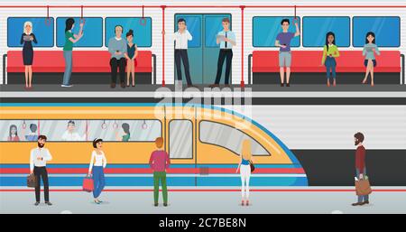 Metropolitana all'interno con gente e piattaforma della metropolitana con treno in stazione della metropolitana. Concetto di vettore metropolitano con passeggeri Illustrazione Vettoriale