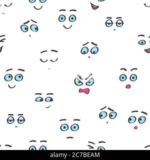 Vettore senza giunture cartoni animati smileys volti modello. Avatar divertenti emozioni isolate Illustrazione Vettoriale