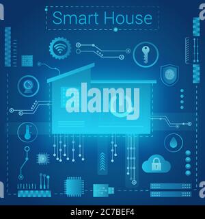 Concetto di casa intelligente vettoriale. Smart home in microchip percorsi futuristici sfondo. Tecnologia dell'Internet delle cose Illustrazione Vettoriale