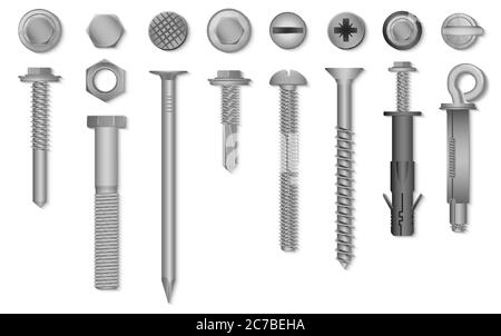Viti vettoriali 3d realistiche, dadi, bulloni, rivetti e chiodi per fissaggio e fissaggio Illustrazione Vettoriale