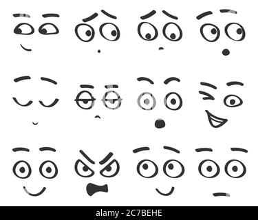 Set di facce fumetto emoji a linea vettoriale. Avatar divertenti emozioni isolate Illustrazione Vettoriale