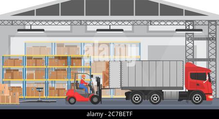 Interno del magazzino vettoriale con i lavoratori che sistemano le scatole di merci in un camion. Magazzino interno moderno con camion cargo Illustrazione Vettoriale