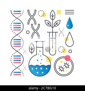 Ricerca DNA, Biotecnologia, concetto vettoriale di analisi genetica in linea trendy con colore piatto a gradiente Illustrazione Vettoriale