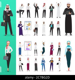 Vettore arabo musulmano uomo d'affari e donna d'affari pone lavoro ufficio carattere set di progettazione Illustrazione Vettoriale