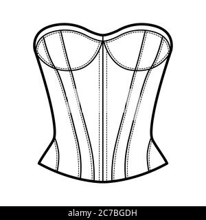 Top a corset illustrazione tecnica della moda con corpo montato, paletta scollo senza sforzo, allacciatura posteriore. Mascherina di abbigliamento per blusa piatta, colore bianco. Donne, uomini unisex CAD mockup Illustrazione Vettoriale