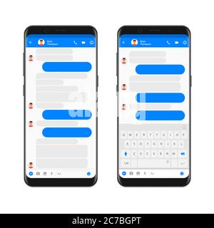 Messenger per il kit ui moderno mobile sullo schermo dello smartphone. Modello di app di chat con bolle di chat vuote con tastiera mobile. Concetto di rete sociale del telefono. Illustrazione vettoriale Illustrazione Vettoriale