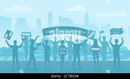 Silhouette folla di persone dimostranti. Protesta, rivoluzione, conflitto sulla strada della città. Illustrazione vettoriale piatta per dimostrazione civile Illustrazione Vettoriale