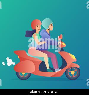 Il ragazzo e la coppia di ragazza stanno cavalcando il moto scooter. Illustrazione vettoriale del design a colori a gradiente piatto alla moda Illustrazione Vettoriale