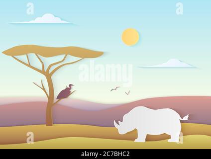 Paesaggio africano vettoriale con rinoceronte e albero in piedi con uccello in savana con montagne. Illustrazione vettoriale di carta trendy della natura dell'africa Illustrazione Vettoriale