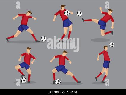 Calcio calciatore, passaggio, direzione e tiro palla di calcio pose. Sei caratteri vettoriali isolati su sfondo grigio. Illustrazione Vettoriale