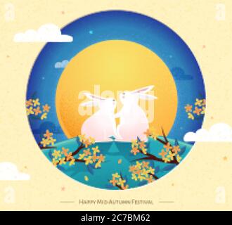Simpatico conigli coppia apprezzare la luna gigante insieme sulla prateria, felice metà autunno festival illustrazione Illustrazione Vettoriale