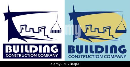 Edificio con logo. Simbolo dell'azienda. Costruzione di case, edifici. Segno del costruttore. Gru ad alta quota, città. Edificio cittadino, logo, simbolo. Etichetta Illustrazione Vettoriale