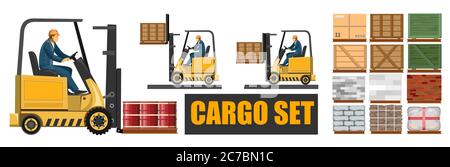 Carrello elevatore. Vettore. Scatole di carico, mattoni, pietre, barili, imballaggi in cartone, sacchi, cemento. Pallet per trasporto. Caricatore. Pallets di legno. Caricamento Illustrazione Vettoriale