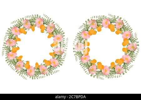 Dente di leone giallo, pony rosa e foglie verdi in stile vintage. Biglietto d'auguri estivo con spazio per la copia. Cornice floreale. Invito al matrimonio di primavera. Illustrazione Vettoriale