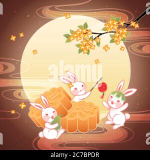 Conigli di Giada godendo deliziosi mooncakes e luna piena su sfondo di colore autunnale Illustrazione Vettoriale