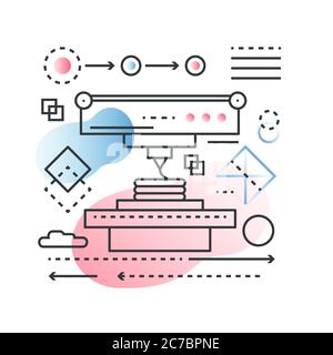 Concetto vettoriale di processo di stampa 3D, scansione e modellazione in linea trendy con stile di colore piatto a gradiente Illustrazione Vettoriale