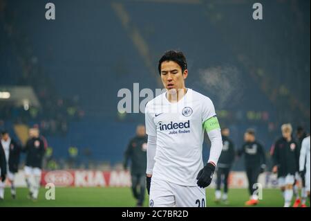 Kharkiv, Ucraina - 14 febbraio 2019: Makoto Hasebe dopo una partita tra Shakhtar Donetsk e Eintracht Francoforte Foto Stock