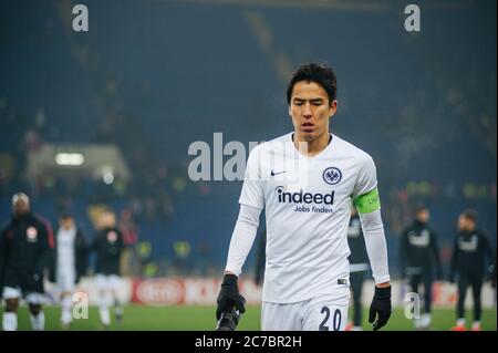 Kharkiv, Ucraina - 14 febbraio 2019: Makoto Hasebe dopo una partita tra Shakhtar Donetsk e Eintracht Francoforte Foto Stock