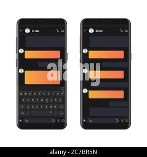 Modello di chat per smartphone in stile scuro con bolle di chat vuote. Compositore di finestre di dialogo mockup di chat sms vettoriali Illustrazione Vettoriale
