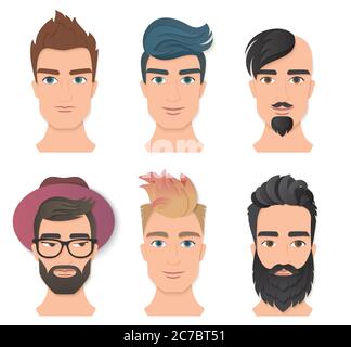 Immagine vettoriale avatar dell'insieme di facce per ritratti maschi. Viso giovane ed elegante con diverse barba e capelli. Carta trendy taglio a strati art. Origami beauty fashion concept logo Illustrazione Vettoriale