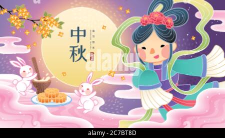 Chang’e incantevole con conigli di giada bianca su nuvole rosa, Festival di metà autunno e data scritta in cinese parole sulla luna piena Illustrazione Vettoriale
