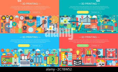 Raccolta di concetti di stampa e modellazione volumetrica 3d. disegno di modelli di costruzione di composizione 3d, illustrazione vettoriale di intestazione web Illustrazione Vettoriale