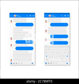 Modello di concetto di Messenger per social network. Modello di applicazione Messenger moderno con bolle di chat e tastiera. Compositore finestre di dialogo Mockup vettoriale Illustrazione Vettoriale