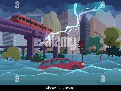 Alluvione e tempesta disastro naturale nella città moderna. Inondazioni e automobili che galleggiano in acqua. Un fulmine enorme rompe l'edificio della metropolitana Illustrazione Vettoriale