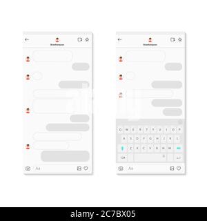 Modello di concetto di messaggistica per chat su smartphone di social network. Modello di applicazione Messenger a colori chiari con bolle di chat grigie e tastiera. Compositore finestre di dialogo Mockup vettoriale Illustrazione Vettoriale