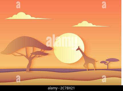 Vettore africano carta trendy paesaggio con una giraffa e un albero. Natura dell'Africa Acacia e giraffe nel campo colline di illustrazione savana Illustrazione Vettoriale