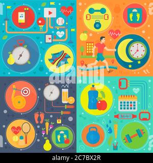 Set di modelli di colore piatti per uno stile di vita sano. Vettore cibo sano, sport e fitness concetto di fondo per flyear, riviste, poster, copertina libro, banner Illustrazione Vettoriale