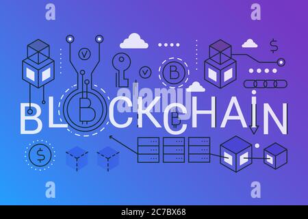 Blockchain 2019 parole di banner di concetto di composizione trendy. Struttura colpo bitcoin, etereo, tecnologia a catena di blocco. Icone a linea piatta che stampano la tipografia Illustrazione Vettoriale