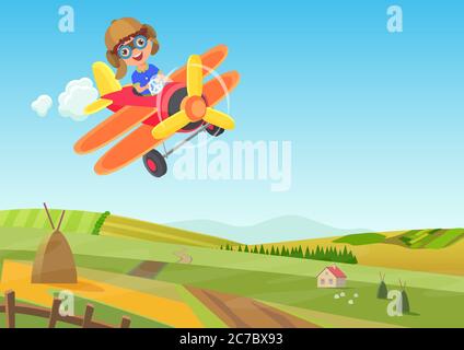 Carino ragazzo che vola in aereo sopra i campi. Divertente illustrazione vettore cartoon aereo volante Illustrazione Vettoriale