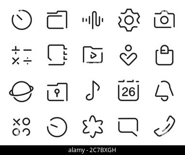 Set di icone dell'interfaccia utente universale dello smartphone con contorno tratteggiato. Icona del tratto dell'interfaccia utente modificabile. Insieme di icone vettoriali a linee sottili per il web design e l'applicazione del sito web Illustrazione Vettoriale
